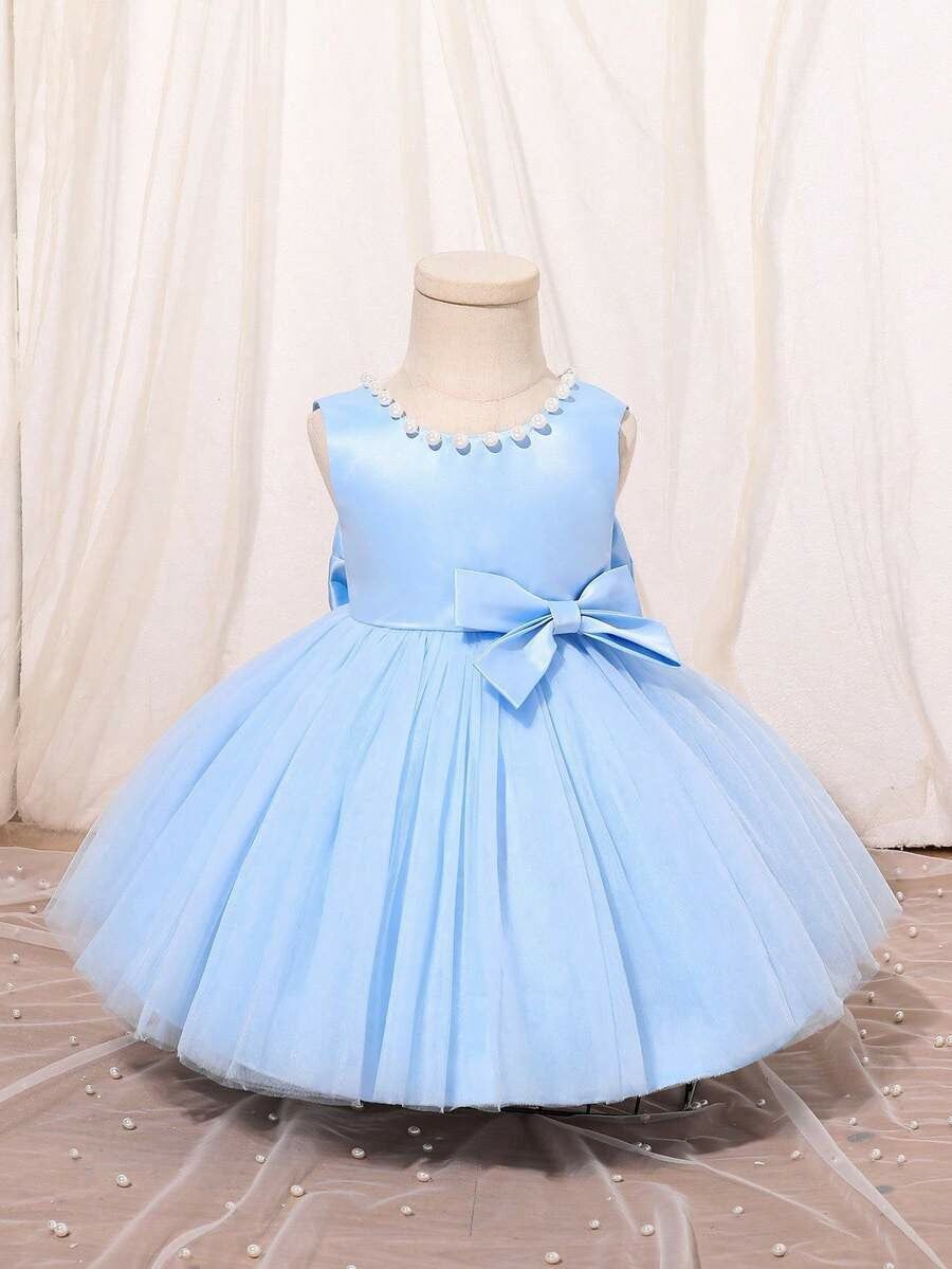 TinyTulle Satin Beaded Tulle Baby Girl Princess Dress with V-Back &amp; Big Bow