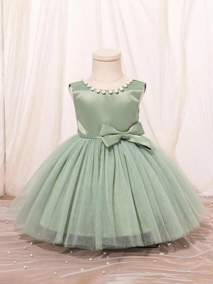 TinyTulle Satin Beaded Tulle Baby Girl Princess Dress with V-Back &amp; Big Bow