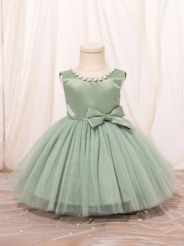TinyTulle Satin Beaded Tulle Baby Girl Princess Dress with V-Back &amp; Big Bow