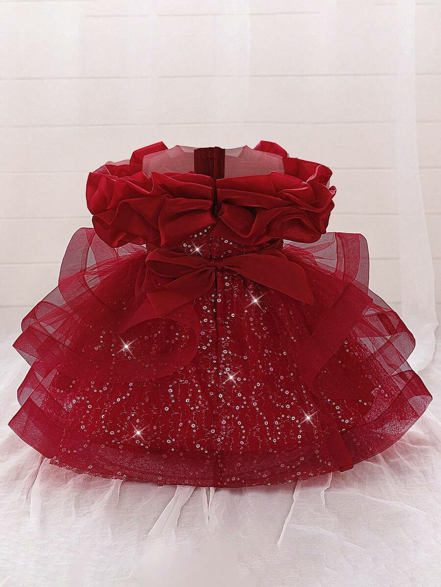 TinyTulle Baby Girls Off-Shoulder Sequin Tulle Tutu Princess Flower Girl Dress