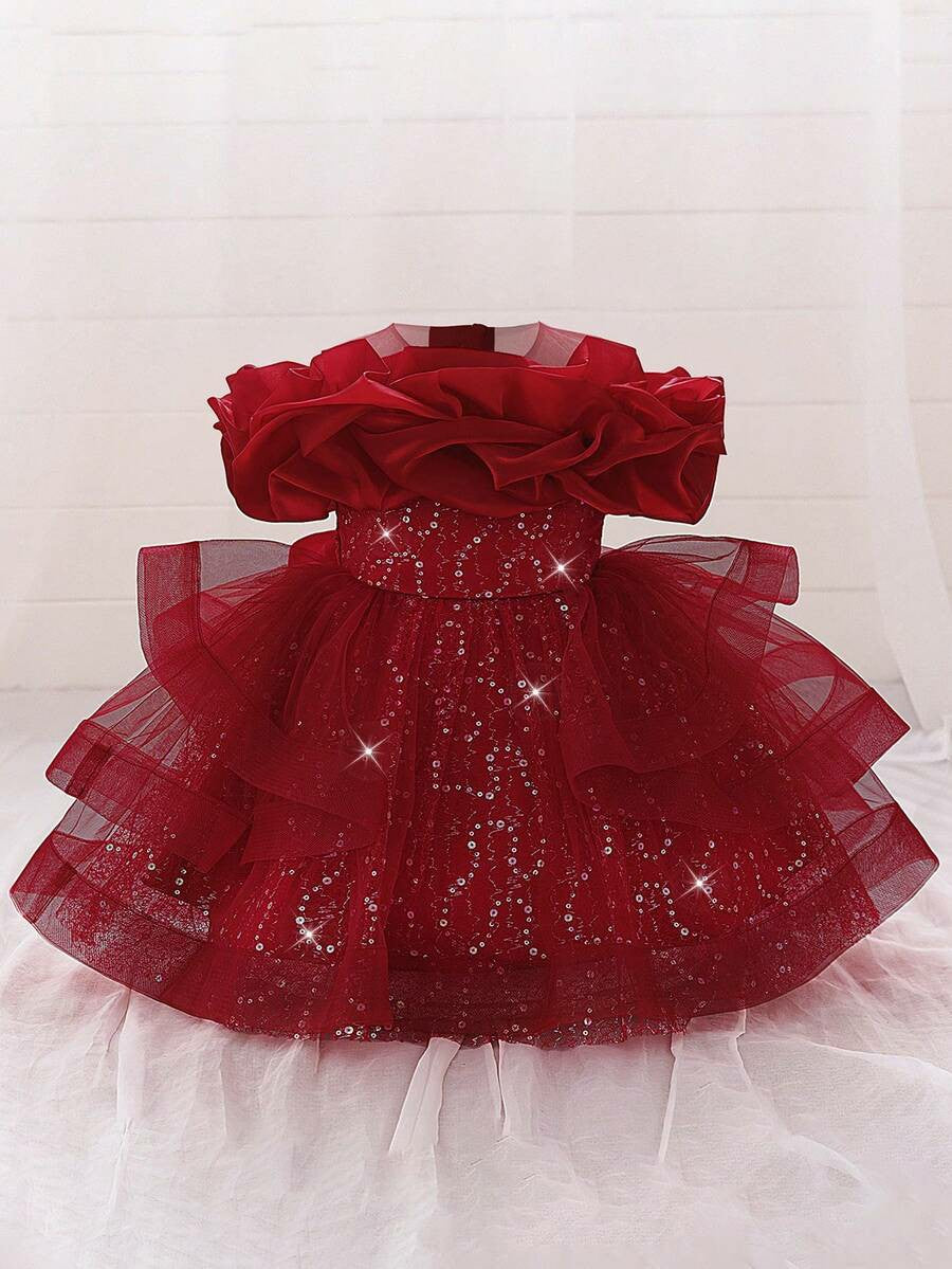 TinyTulle Baby Girls Off-Shoulder Sequin Tulle Tutu Princess Flower Girl Dress
