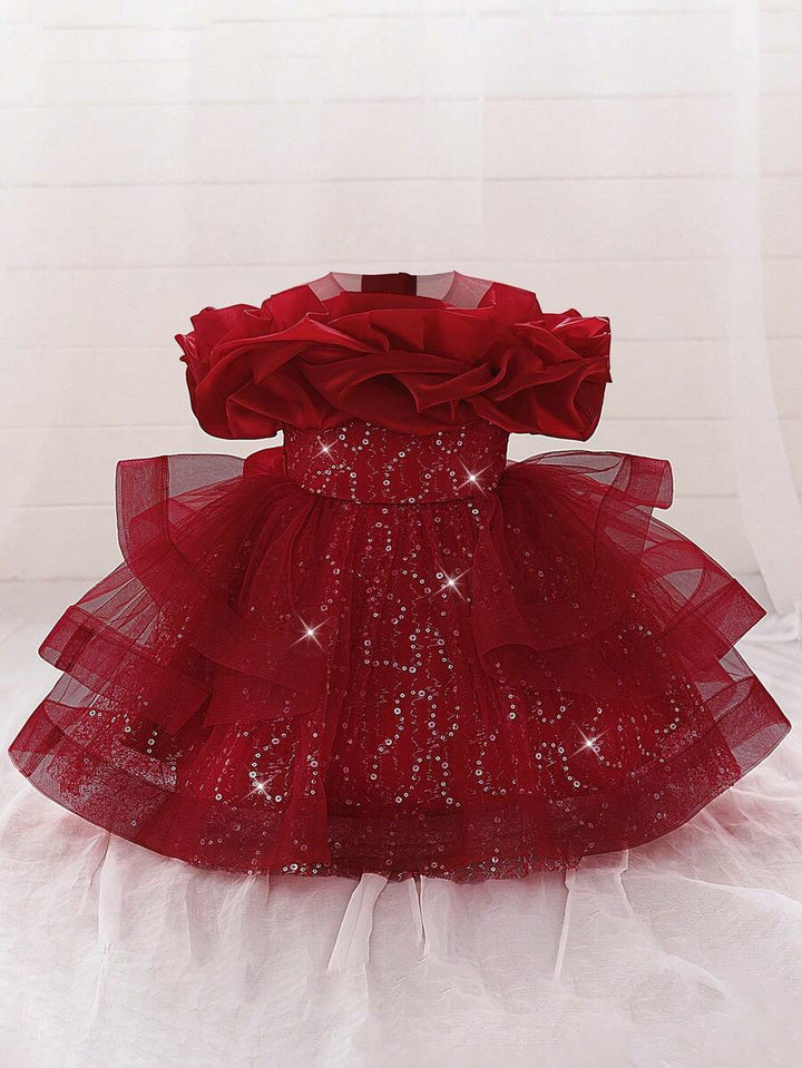 TinyTulle Baby Girls Off-Shoulder Sequin Tulle Tutu Princess Flower Girl Dress