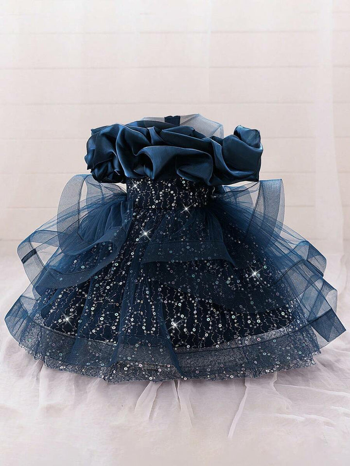 TinyTulle Baby Girls Off-Shoulder Sequin Tulle Tutu Princess Flower Girl Dress