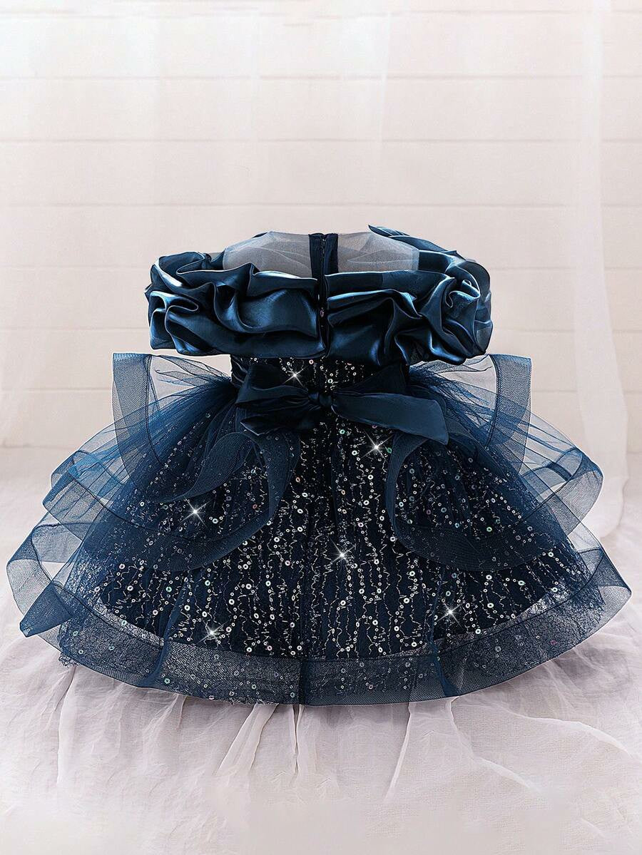 TinyTulle Baby Girls Off-Shoulder Sequin Tulle Tutu Princess Flower Girl Dress