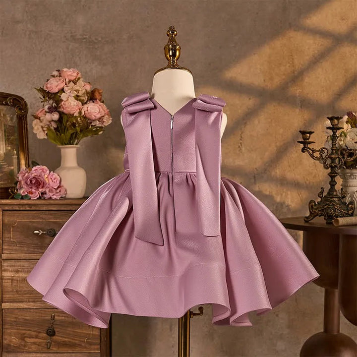 TinyTulle Elegant Pink Satin Flower Girl Dress with Pearl Details &amp; Shoulder Bow Accents