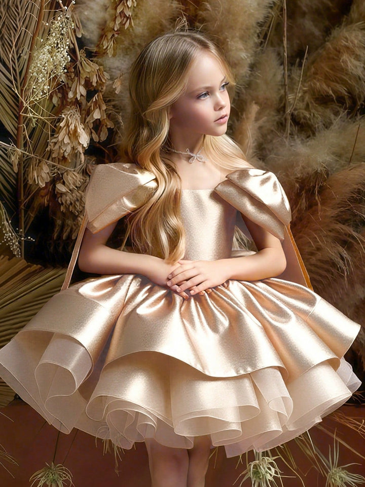 TinyTulle Elegant Gold Satin Bow Tulle Princess Flower Girl Dress Birthday Party Gown
