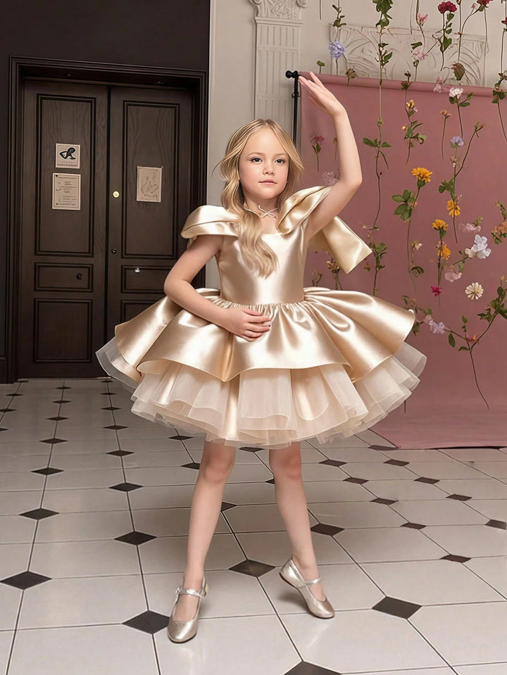 TinyTulle Elegant Gold Satin Bow Tulle Princess Flower Girl Dress Birthday Party Gown