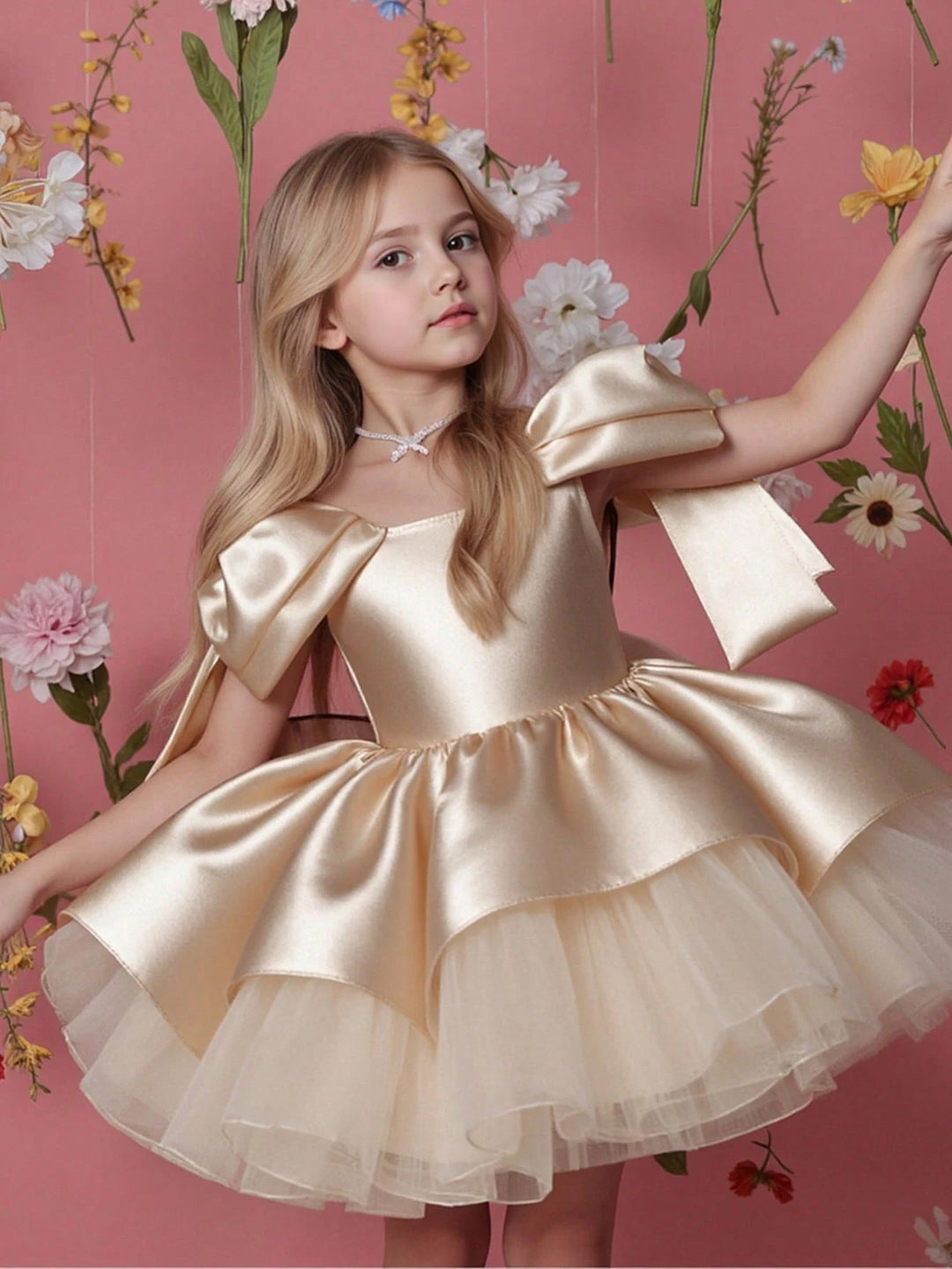 TinyTulle Elegant Gold Satin Bow Tulle Princess Flower Girl Dress Birthday Party Gown