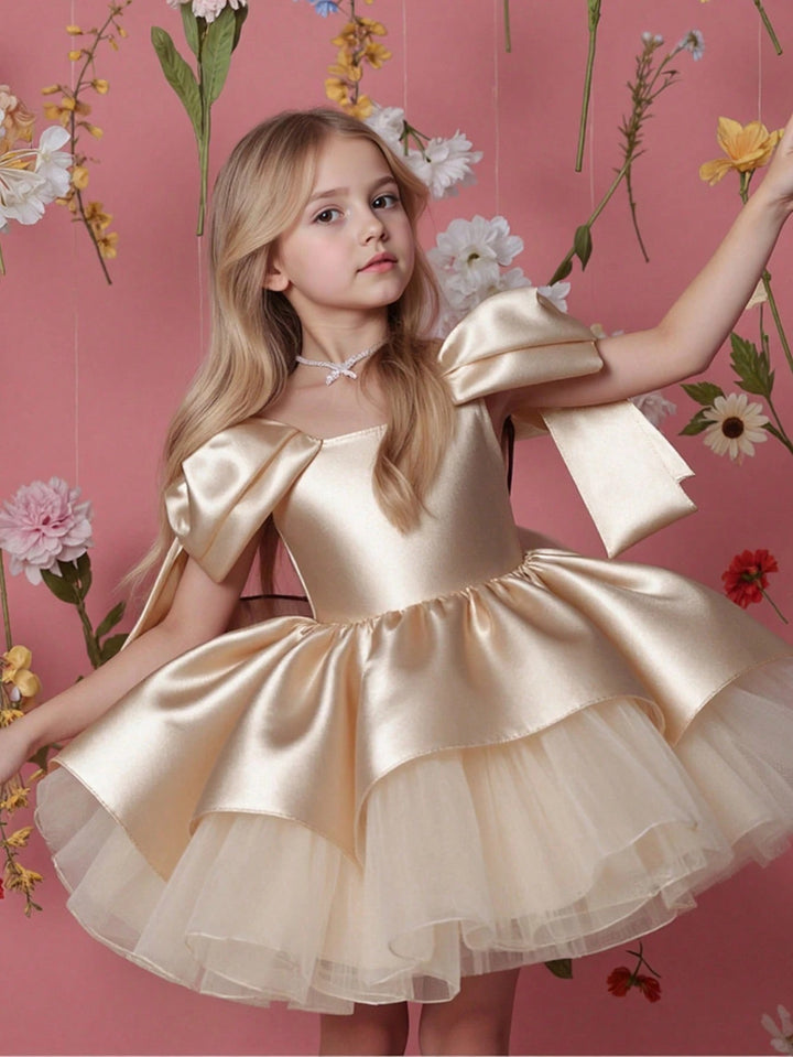 TinyTulle Elegant Gold Satin Bow Tulle Princess Flower Girl Dress Birthday Party Gown
