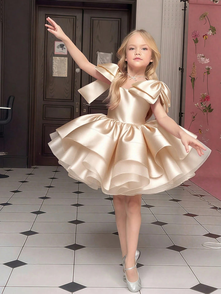 TinyTulle Elegant Gold Satin Bow Tulle Princess Flower Girl Dress Birthday Party Gown
