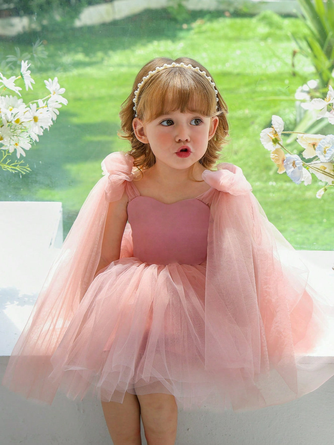 TinyTulle Baby Girls Elegant Pink Bow Tulle Princess Dress Flower Girl Party Gown