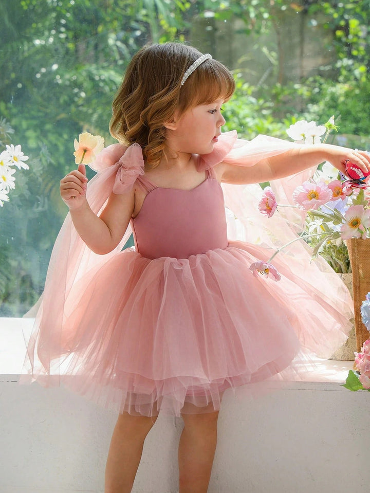 TinyTulle Baby Girls Elegant Pink Bow Tulle Princess Dress Flower Girl Party Gown