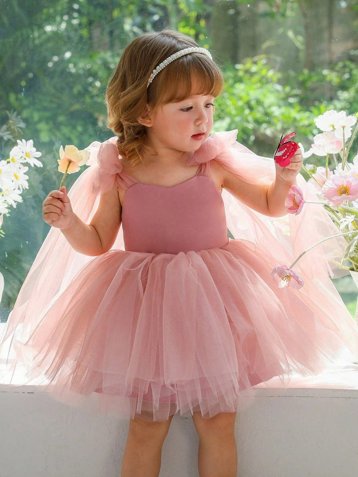 TinyTulle Baby Girls Elegant Pink Bow Tulle Princess Dress Flower Girl Party Gown