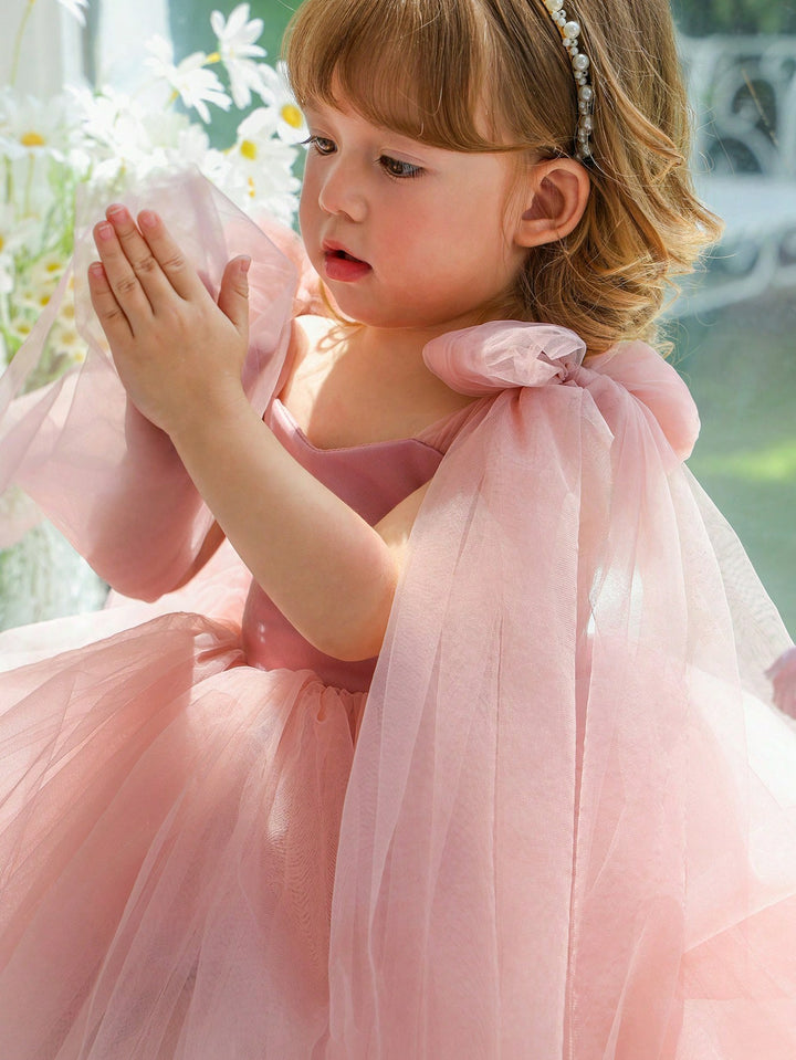 TinyTulle Baby Girls Elegant Pink Bow Tulle Princess Dress Flower Girl Party Gown