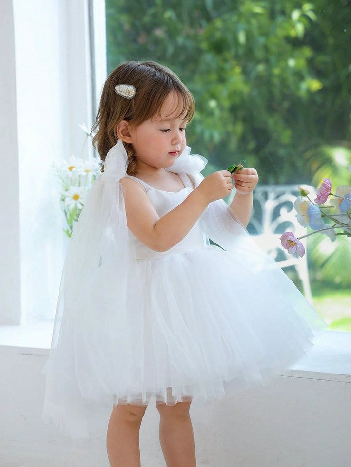 TinyTulle Baby Girls Elegant Pink Bow Tulle Princess Dress Flower Girl Party Gown