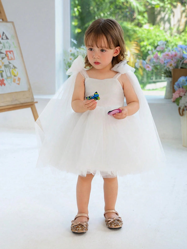 TinyTulle Baby Girls Elegant Pink Bow Tulle Princess Dress Flower Girl Party Gown