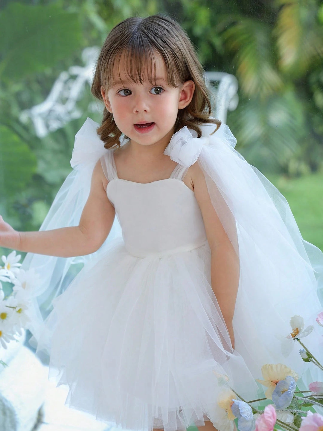 TinyTulle Baby Girls Elegant Pink Bow Tulle Princess Dress Flower Girl Party Gown