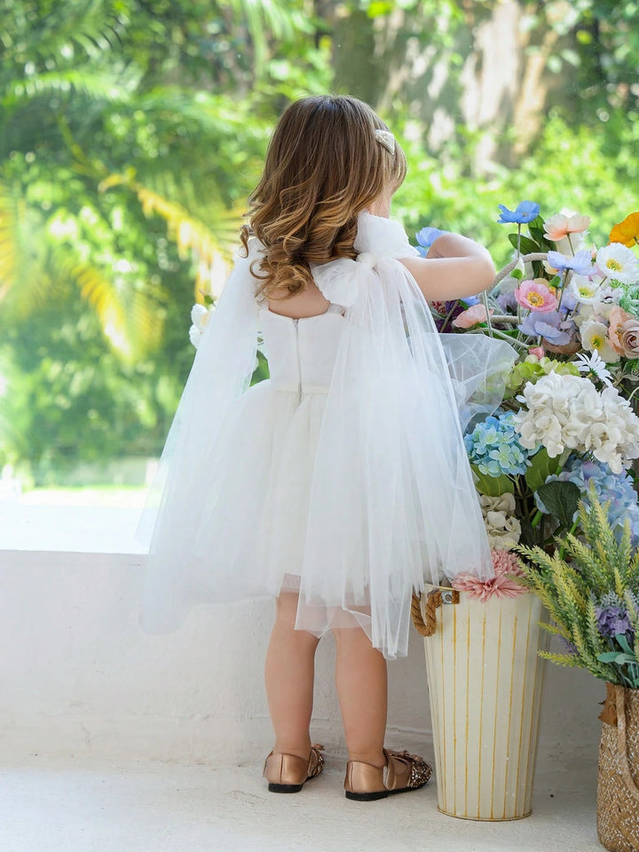 TinyTulle Baby Girls Elegant Pink Bow Tulle Princess Dress Flower Girl Party Gown
