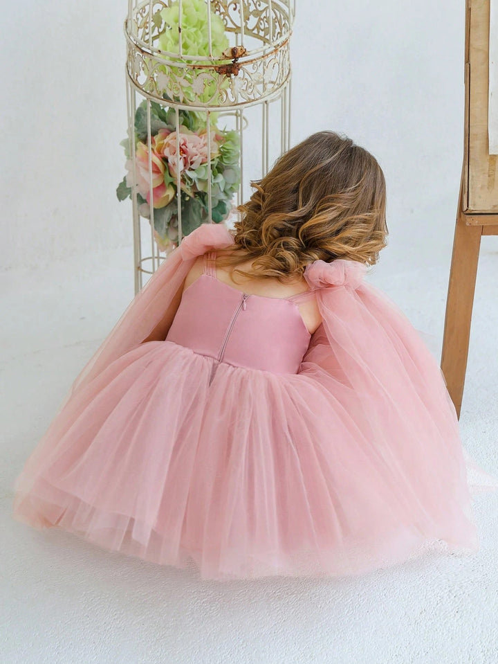 TinyTulle Baby Girls Elegant Pink Bow Tulle Princess Dress Flower Girl Party Gown
