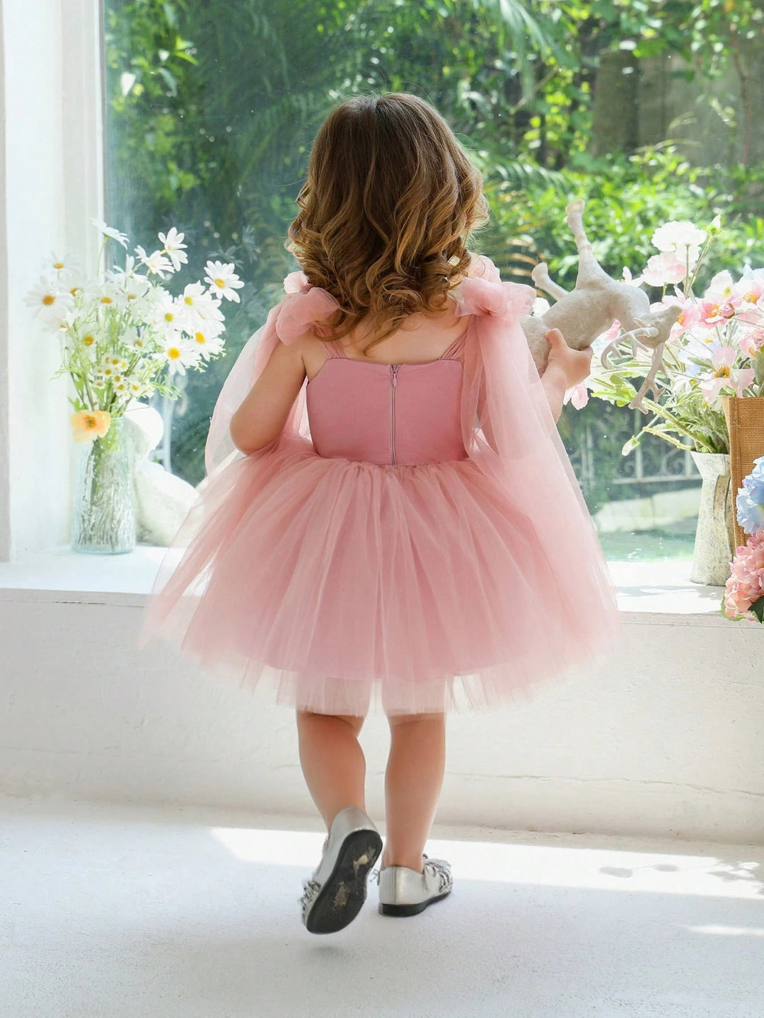 TinyTulle Baby Girls Elegant Pink Bow Tulle Princess Dress Flower Girl Party Gown