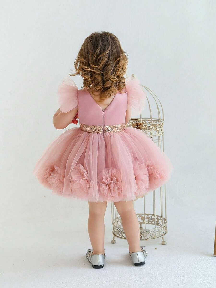 TinyTulle Pink 3D Floral Flutter Sleeve Tulle Princess Dress for Baby Girls