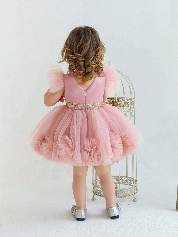 TinyTulle Pink 3D Floral Flutter Sleeve Tulle Princess Dress for Baby Girls