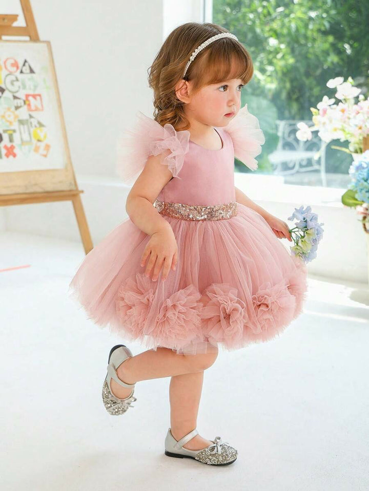 TinyTulle Pink 3D Floral Flutter Sleeve Tulle Princess Dress for Baby Girls