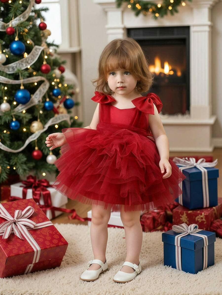 TinyTulle Baby Girls Pink Tulle Princess Dress with 3D Bow Detail &amp; Layered Cake Skirt