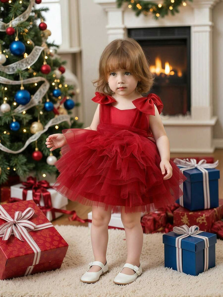 TinyTulle Baby Girls Pink Tulle Princess Dress with 3D Bow Detail &amp; Layered Cake Skirt