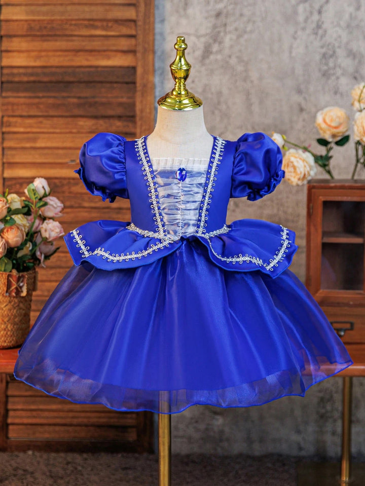 TinyTulle Baby Girl Princess Puff Sleeve Tulle Ball Gown Dress for Special Occasions