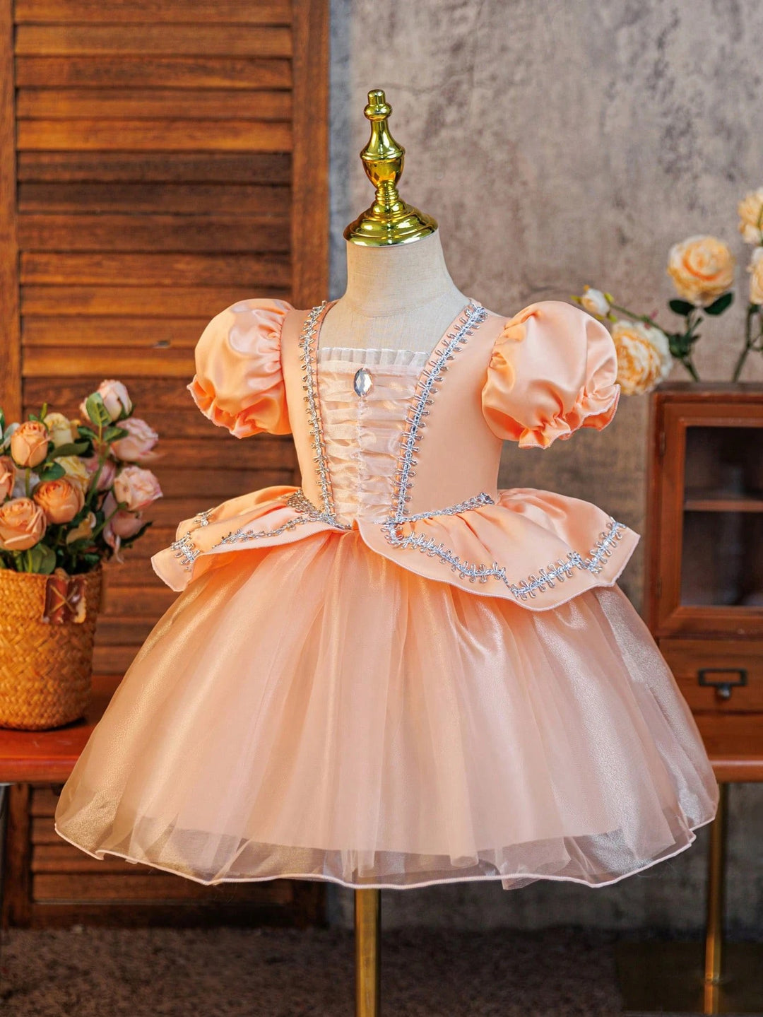 TinyTulle Baby Girl Princess Puff Sleeve Tulle Ball Gown Dress for Special Occasions
