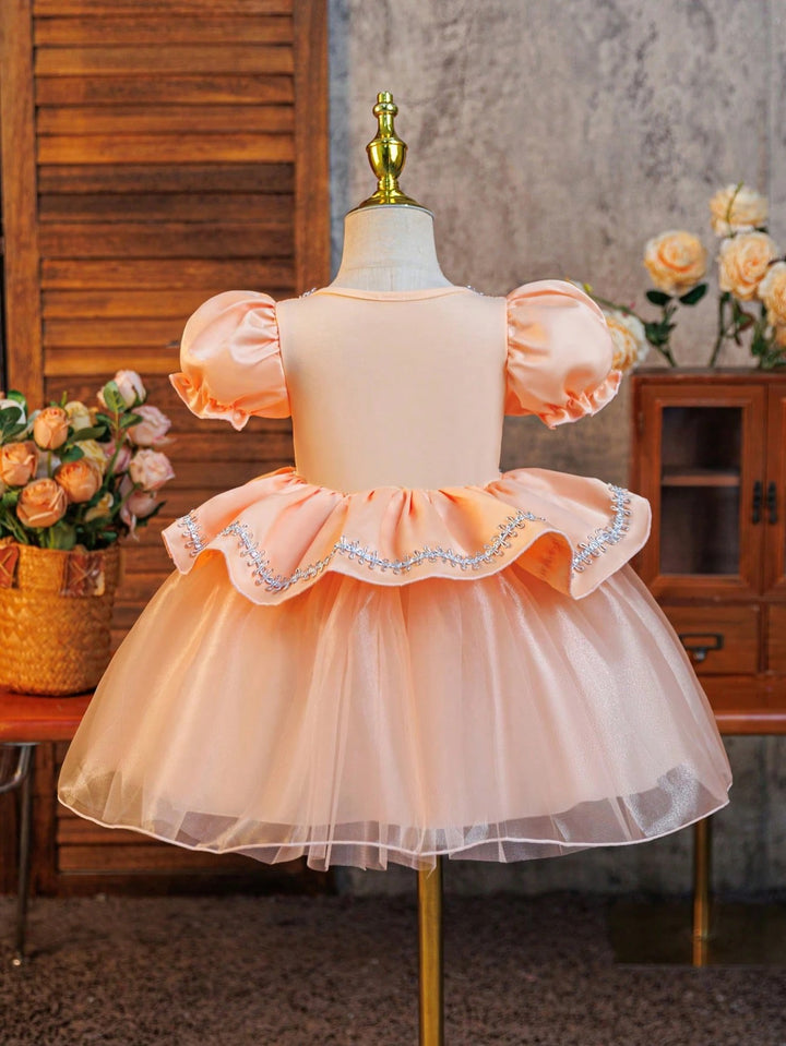 TinyTulle Baby Girl Princess Puff Sleeve Tulle Ball Gown Dress for Special Occasions