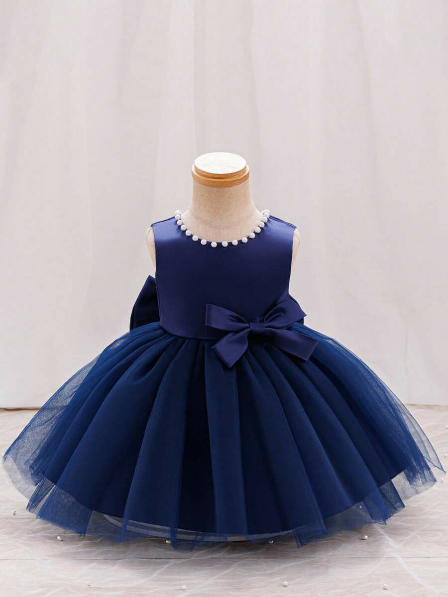 TinyTulle Satin Beaded Tulle Baby Girl Princess Dress with V-Back &amp; Big Bow