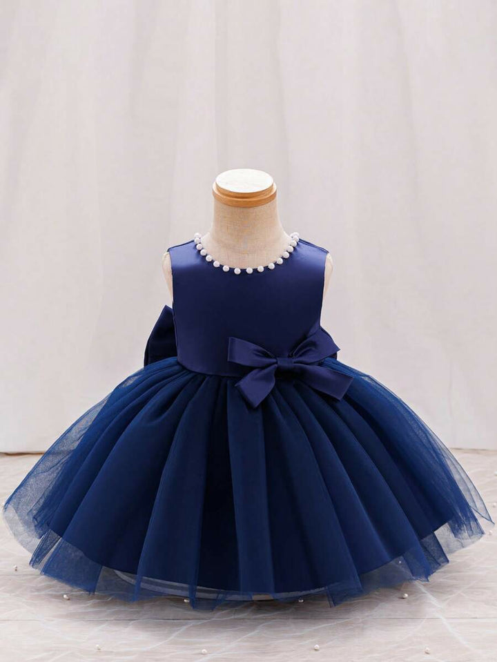 TinyTulle Satin Beaded Tulle Baby Girl Princess Dress with V-Back &amp; Big Bow