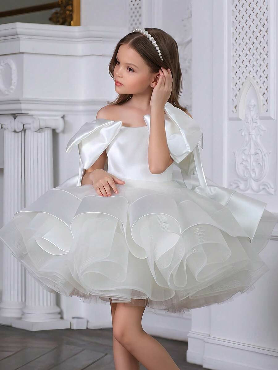 TinyTulle Elegant Gold Satin Bow Tulle Princess Flower Girl Dress Birthday Party Gown