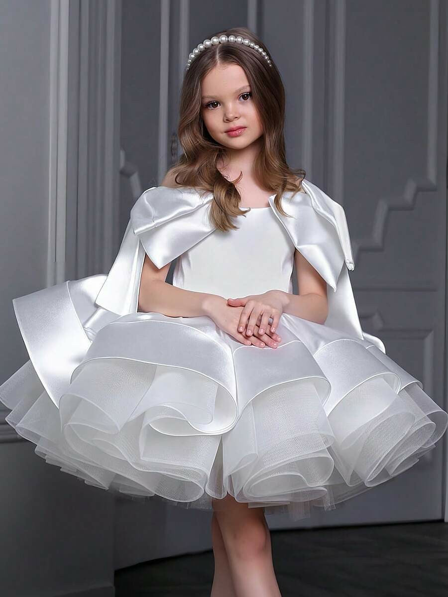 TinyTulle Elegant Gold Satin Bow Tulle Princess Flower Girl Dress Birthday Party Gown