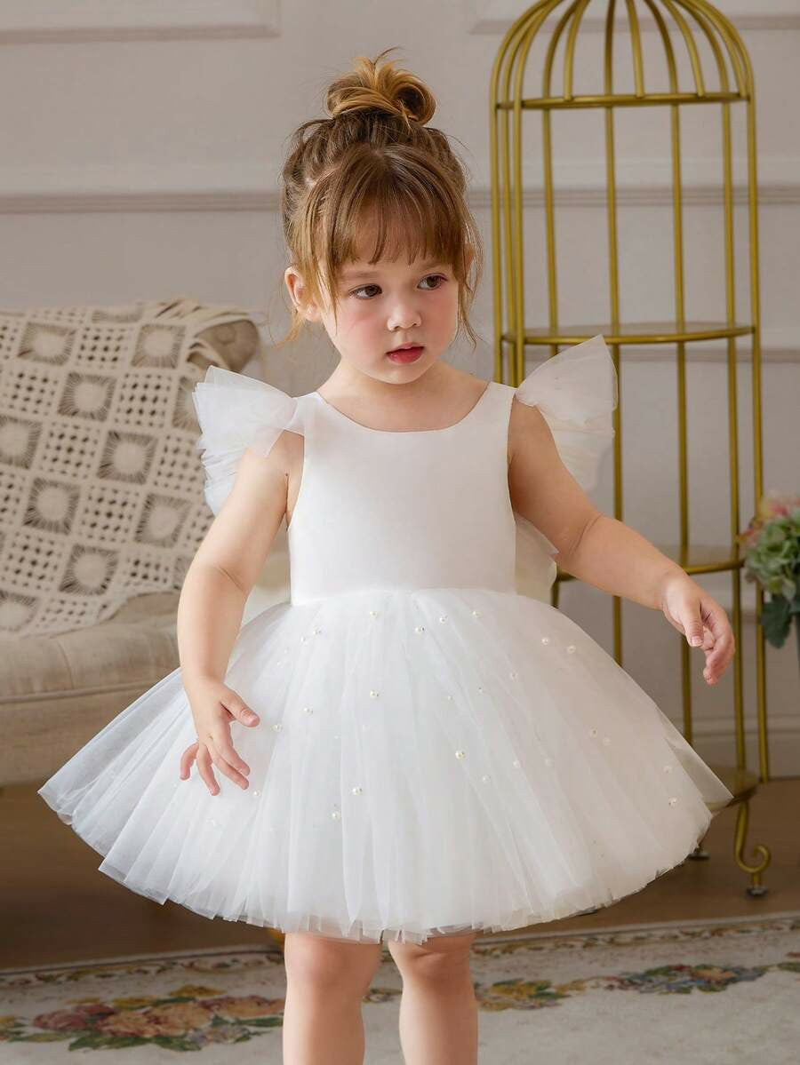 TinyTulle Baby Girls Mint Green Bow Beaded Mesh Cap Sleeve Princess Dress