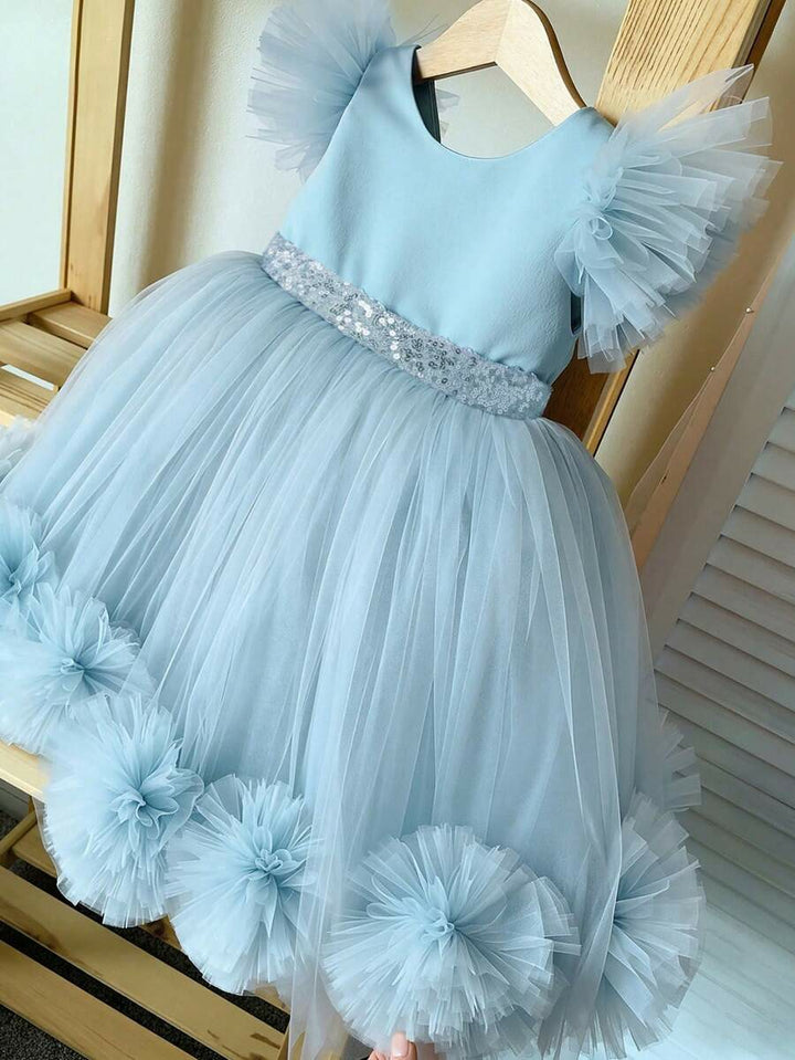 TinyTulle Pink 3D Floral Flutter Sleeve Tulle Princess Dress for Baby Girls