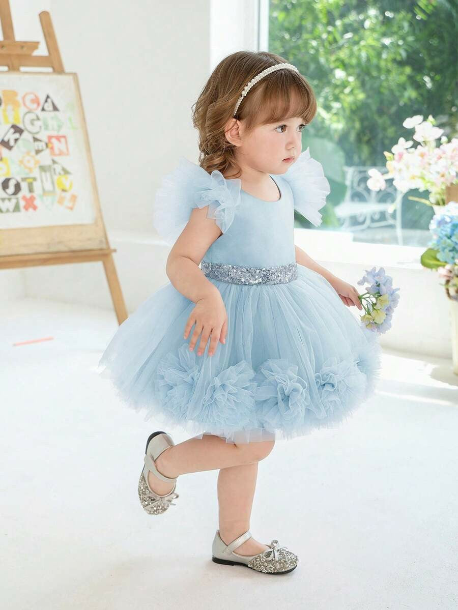 TinyTulle Pink 3D Floral Flutter Sleeve Tulle Princess Dress for Baby Girls