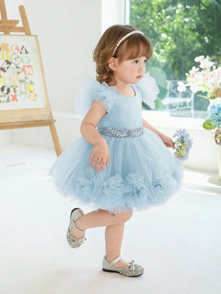 TinyTulle Pink 3D Floral Flutter Sleeve Tulle Princess Dress for Baby Girls