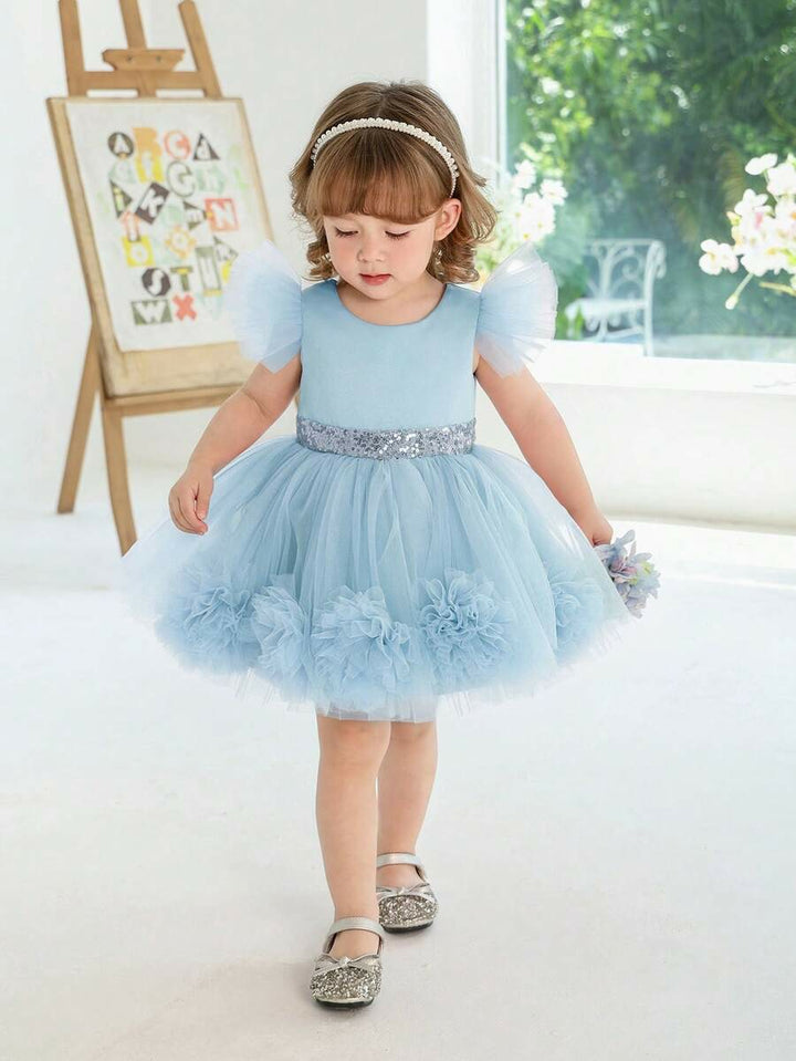 TinyTulle Pink 3D Floral Flutter Sleeve Tulle Princess Dress for Baby Girls