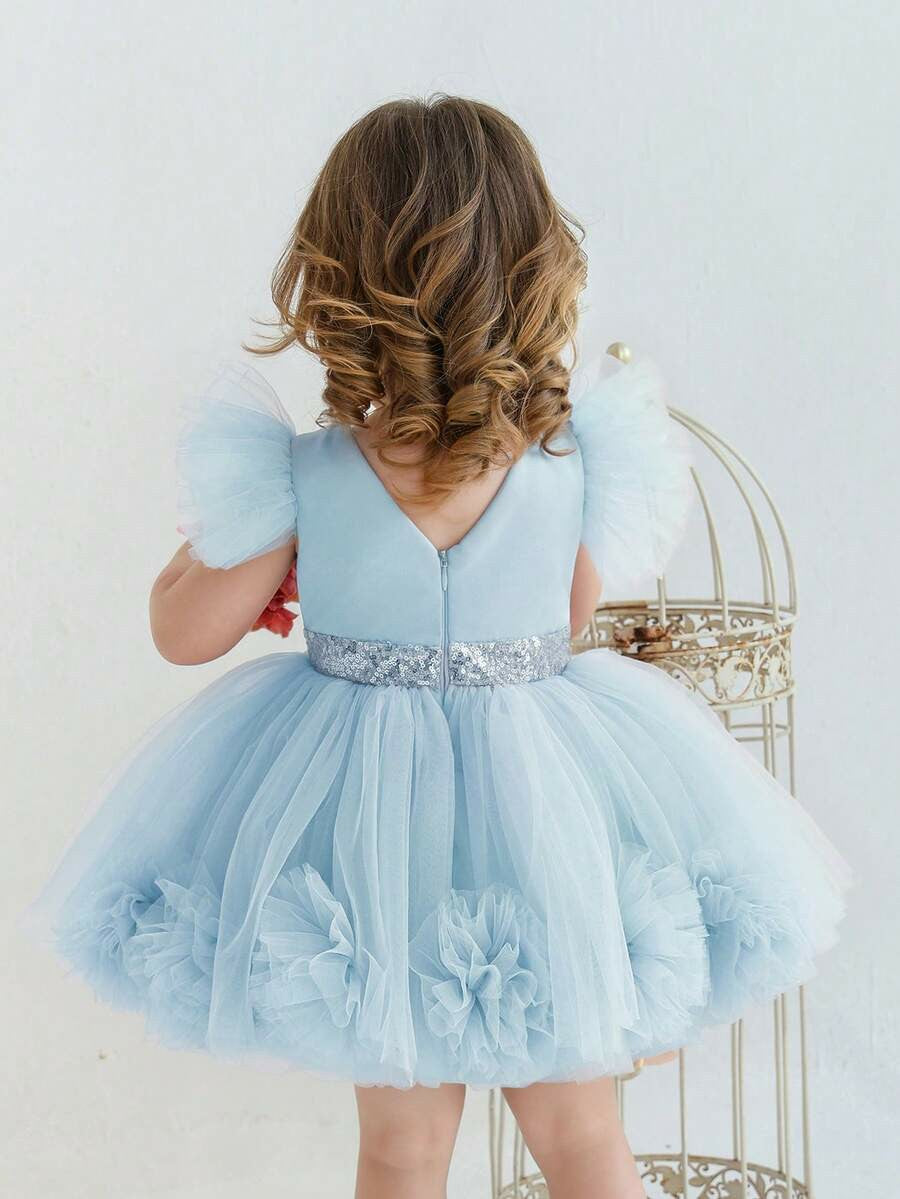 TinyTulle Pink 3D Floral Flutter Sleeve Tulle Princess Dress for Baby Girls