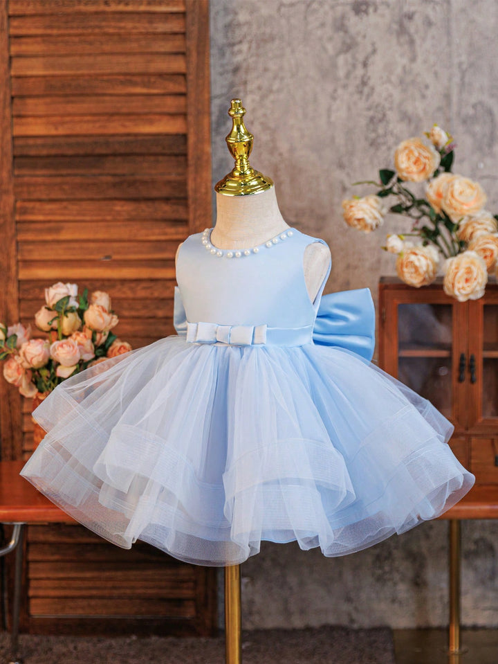 TinyTulle Elegant Pink Satin &amp; Tulle Princess Dress with Bow for Baby Girls