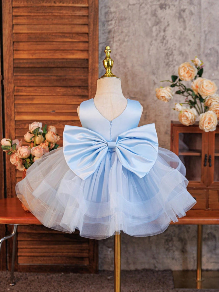 TinyTulle Elegant Pink Satin &amp; Tulle Princess Dress with Bow for Baby Girls
