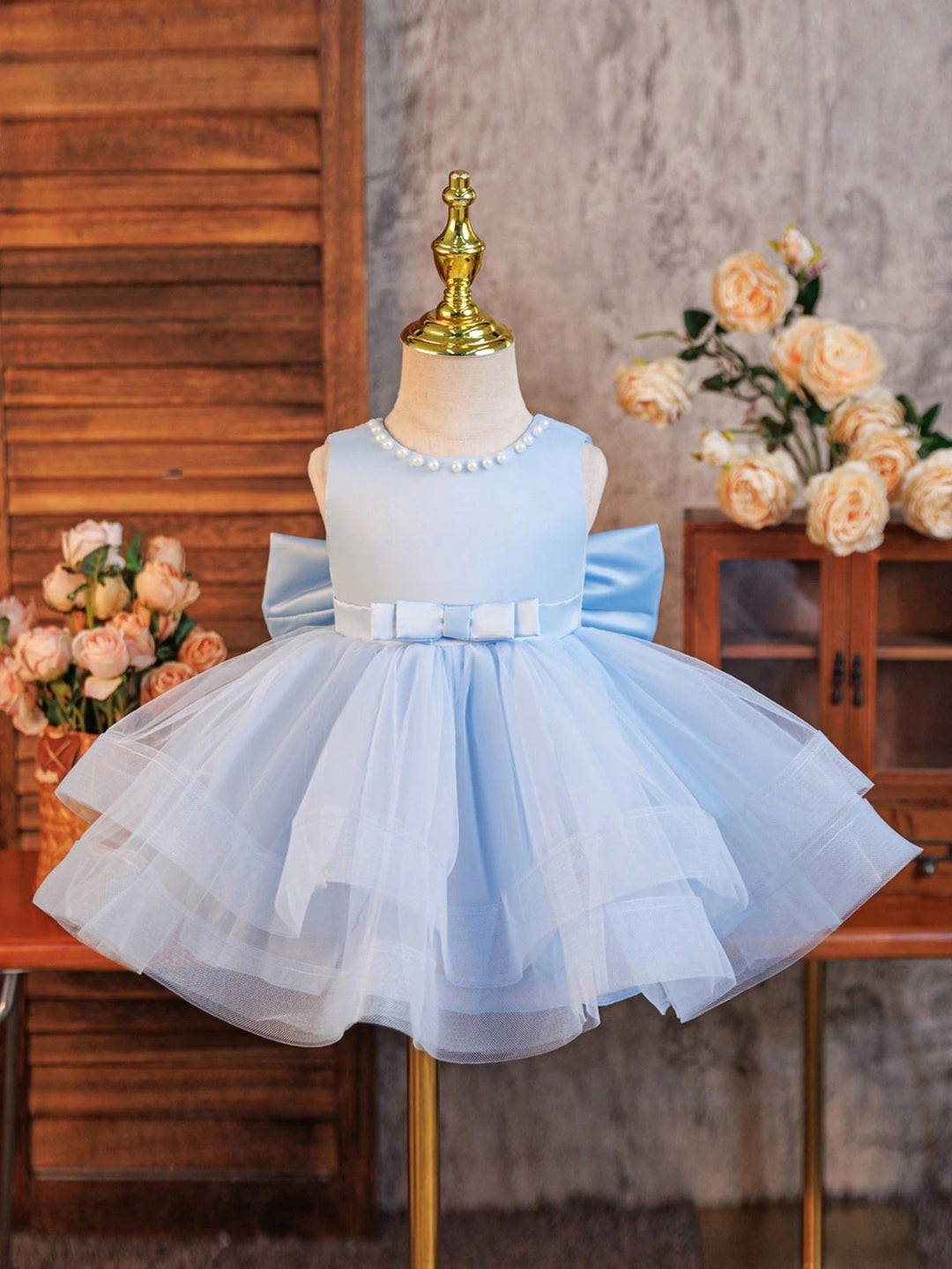 TinyTulle Elegant Pink Satin &amp; Tulle Princess Dress with Bow for Baby Girls