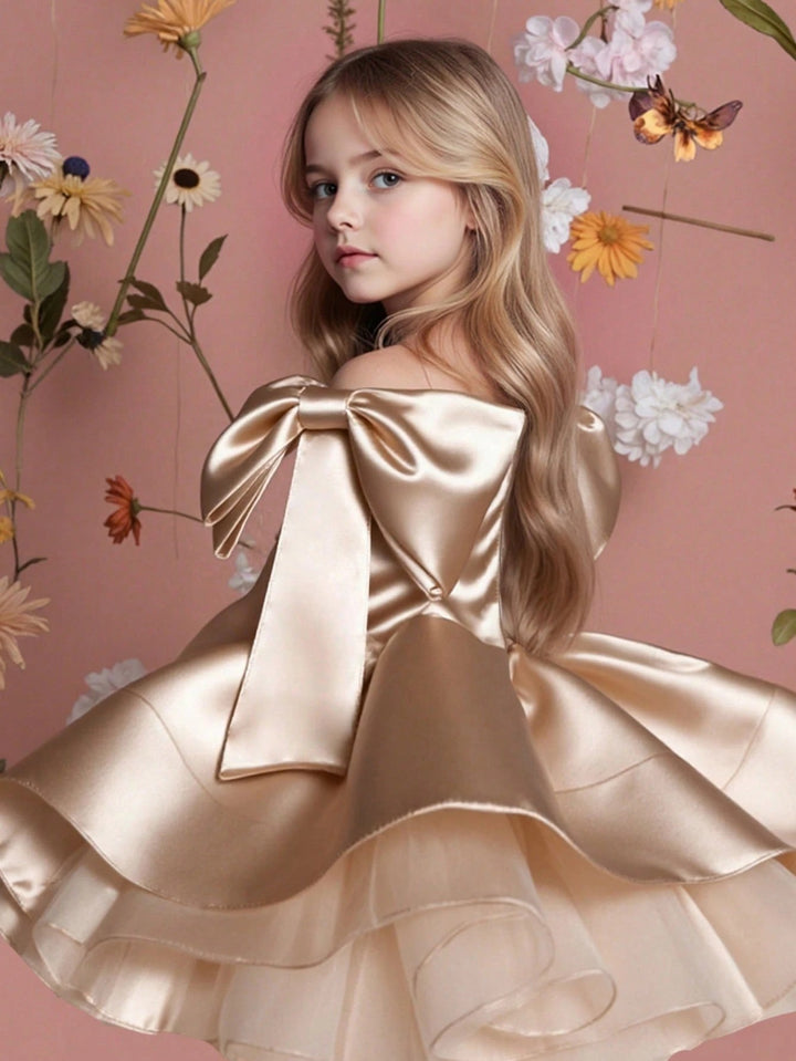 TinyTulle Elegant Gold Satin Bow Tulle Princess Flower Girl Dress Birthday Party Gown