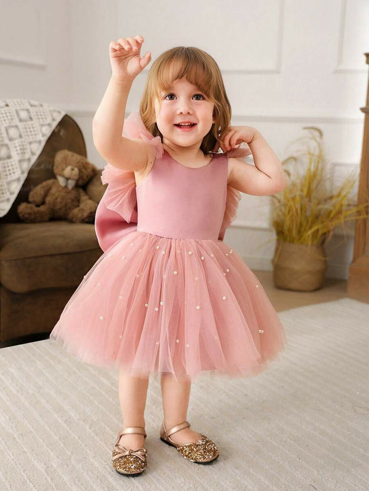 TinyTulle Baby Girls Mint Green Bow Beaded Mesh Cap Sleeve Princess Dress