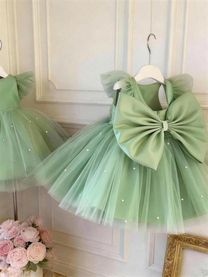 TinyTulle Baby Girls Mint Green Bow Beaded Mesh Cap Sleeve Princess Dress
