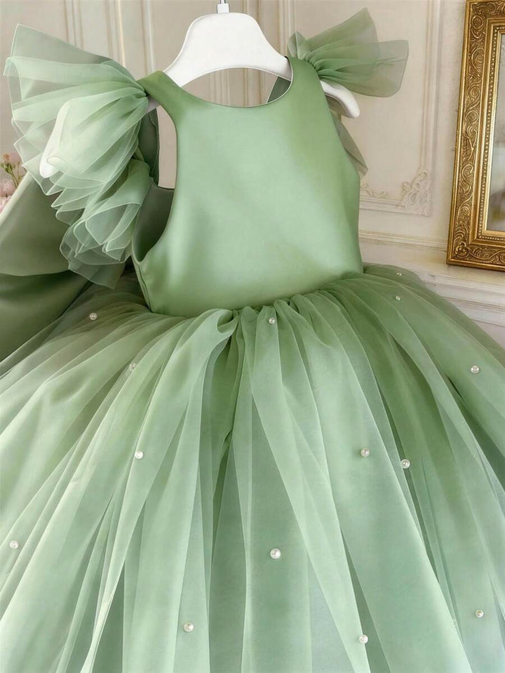 TinyTulle Baby Girls Mint Green Bow Beaded Mesh Cap Sleeve Princess Dress