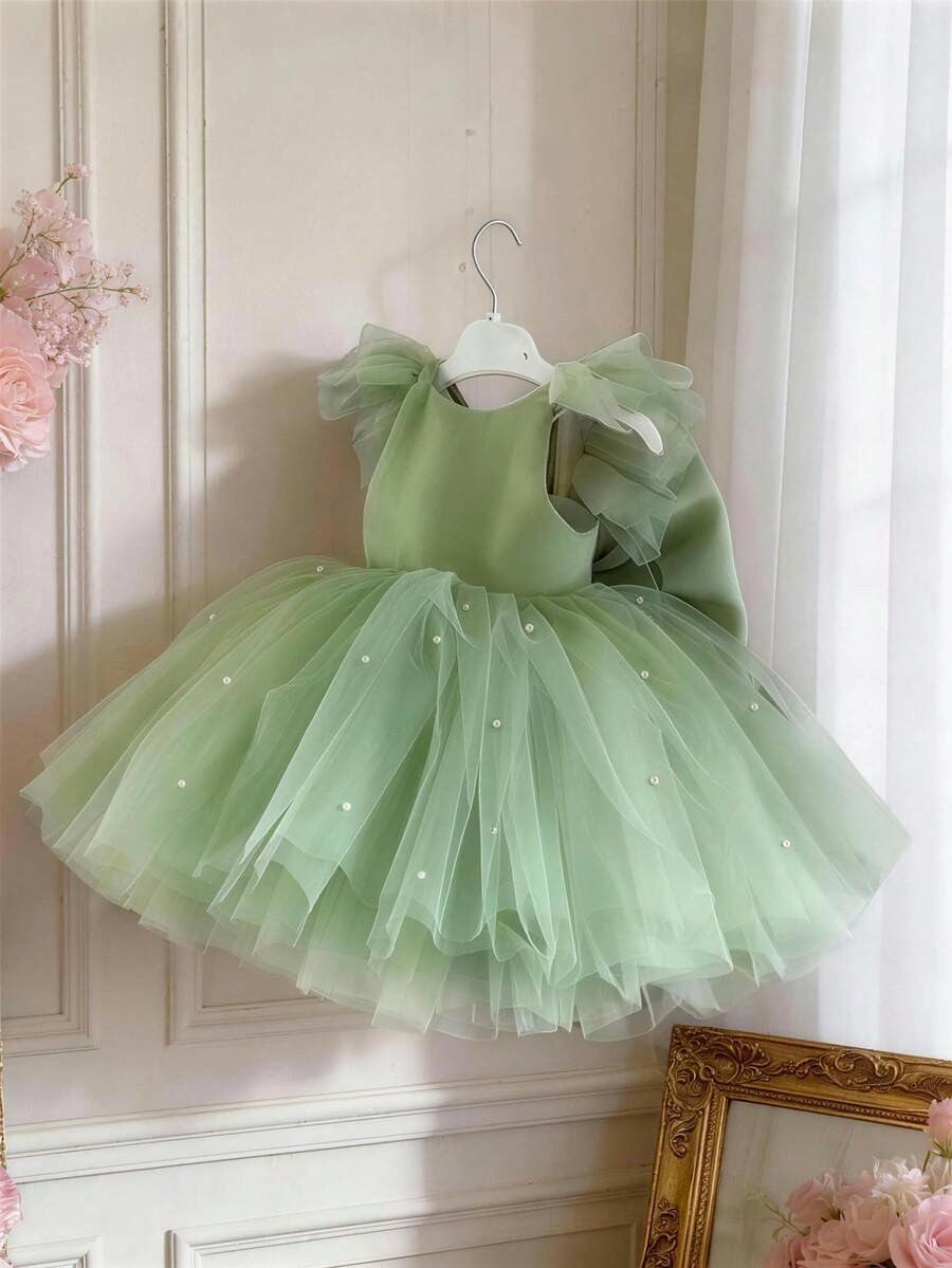 TinyTulle Baby Girls Mint Green Bow Beaded Mesh Cap Sleeve Princess Dress